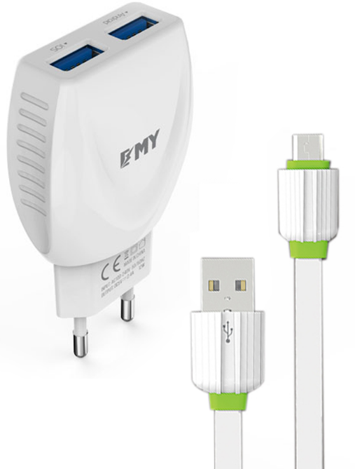 Мрежово зарядно устройство, EMY MY-221, 5V 2.1A, Универсално, 2 x USB, С Micro USB кабел, Бял - 14446