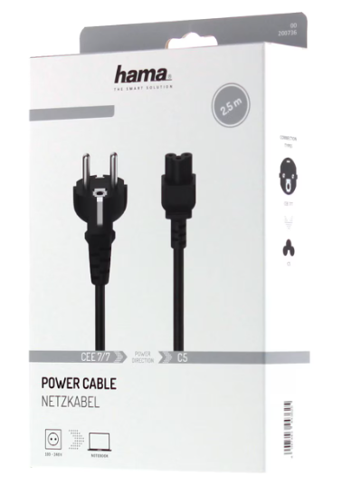 Захранващ кабел HAMA Шуко, 3pin(IEC C5) женско, 2.5м, Черен