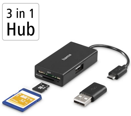 ЧЕТЕЦ ЗА КАРТИ HAMA USB OTG HUB, USB 2.0 TYPE-A, SD, MICROSD, USB-A АДАПТЕР