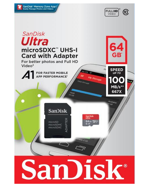 КАРТА ПАМЕТ SANDISK ULTRA MICRO SDXC 64GB UHS-I, A1, SD АДАПТЕР, CLASS 10,100MB/S